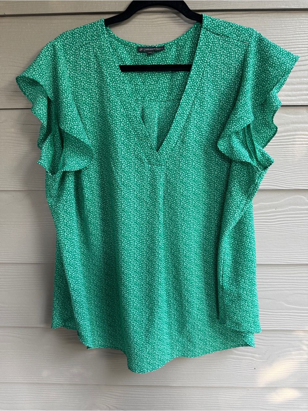 Adrianna Papell Blouse Womens 3X Green White Speckled Ruffle Sleeve V Neck